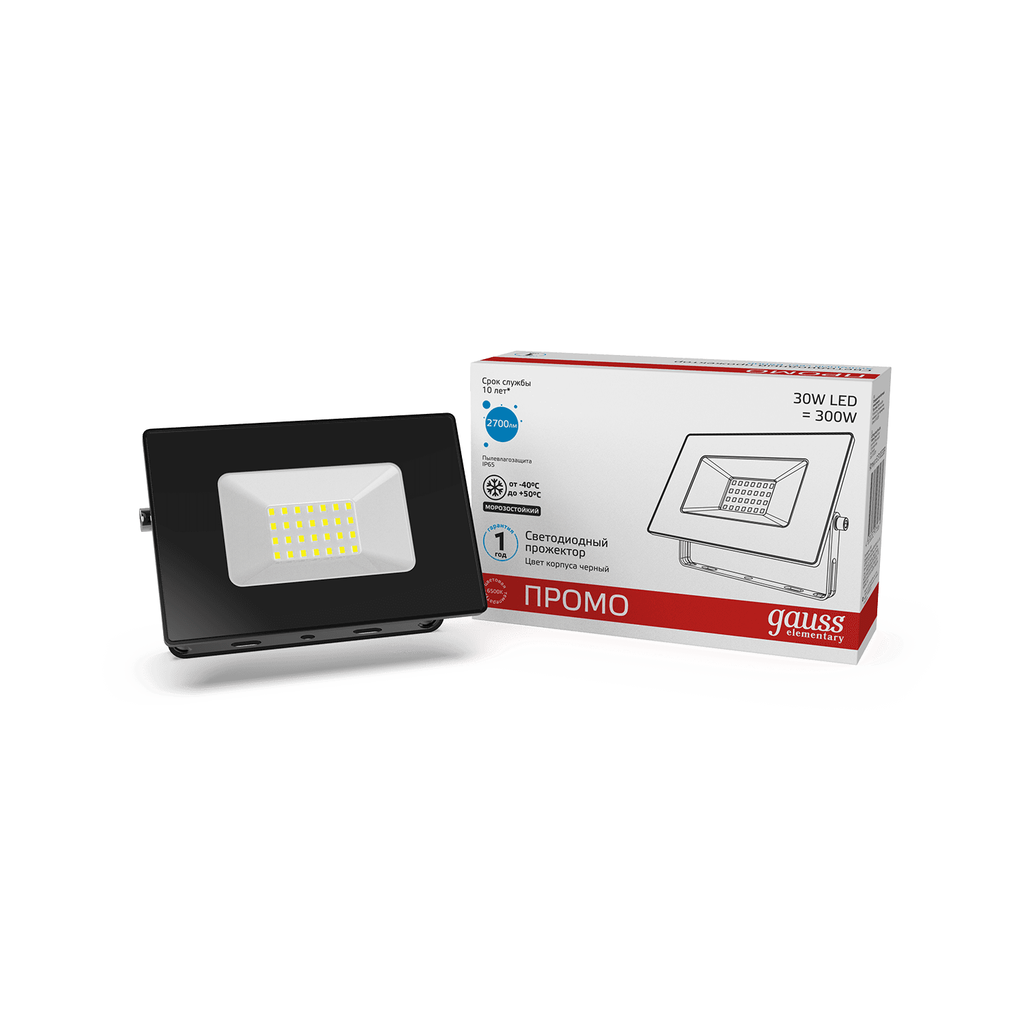 Gauss Прожектор Elementary 30W 2700lm 6500К 200-240V IP65 PROMO черный LED 613100330P — миниатюра 2