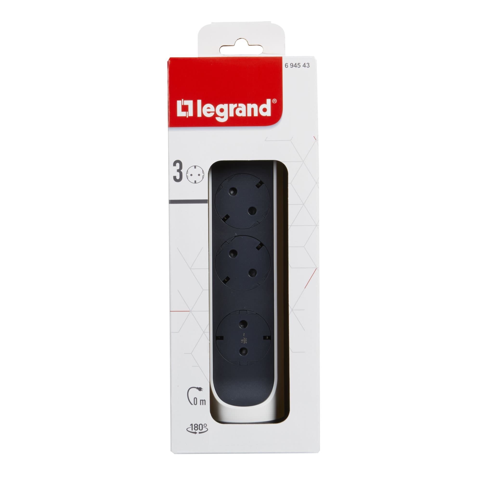 Legrand Revolution Комфорт Бело-черный Удлинитель 3x2К+З с выкл., без кабеля, плоские розетки, фиксируемый поворотный блок 694543 — миниатюра 2