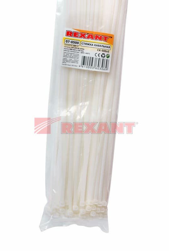Хомут nylon 500 x 4,8 мм 100 шт белый Rexant 07-0500 — миниатюра 3