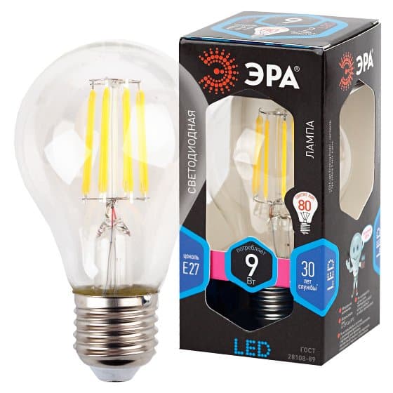 ЭРА F-LED A60-9W-840-E27 (филамент, груша, 9Вт, нейтр., Е27)