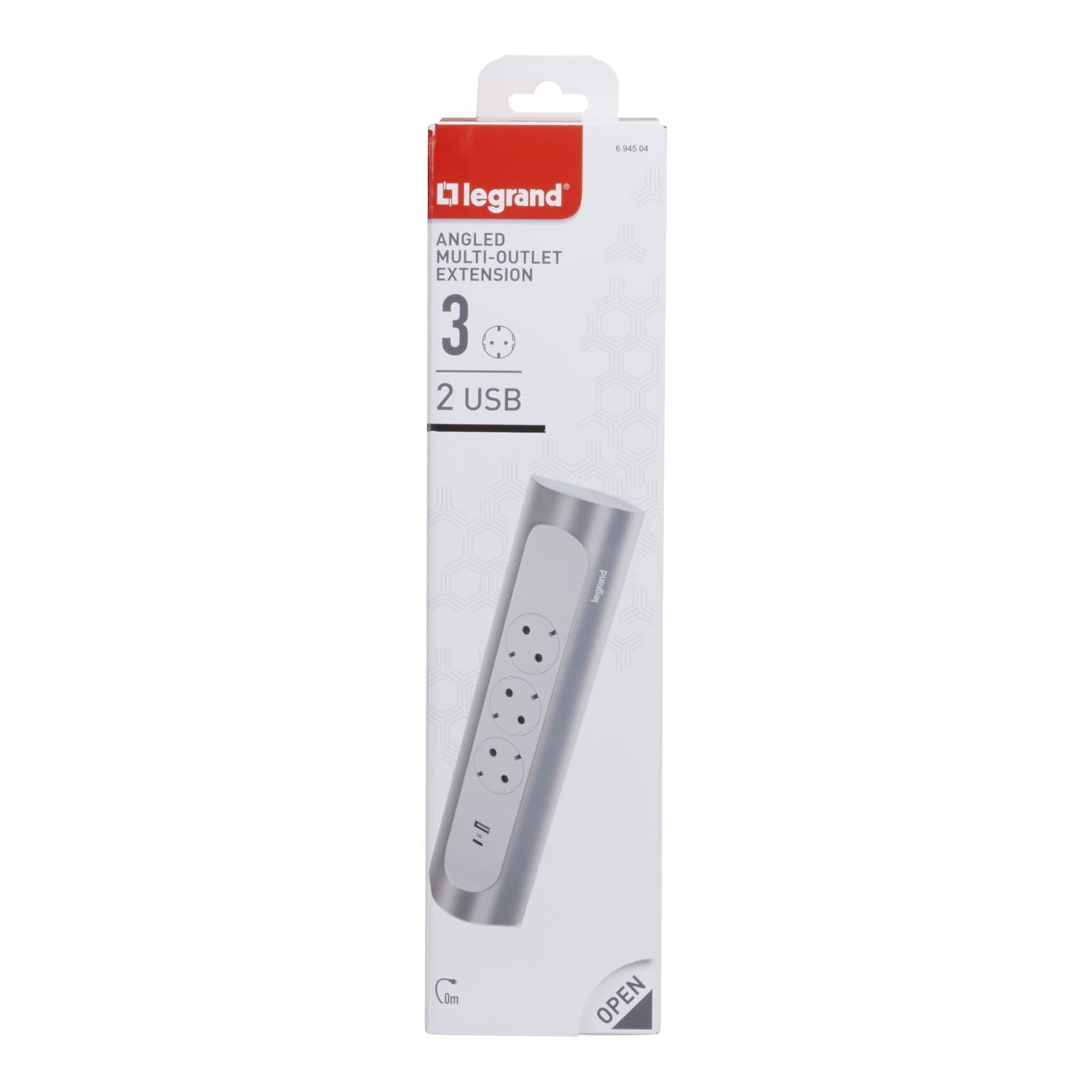 Legrand Revolution Комфорт Бело-алюминиевый Удлинитель угловой 3x2К+З с 2xUSB A+C (3А), без кабеля, плоские розетки 694504 — миниатюра 2