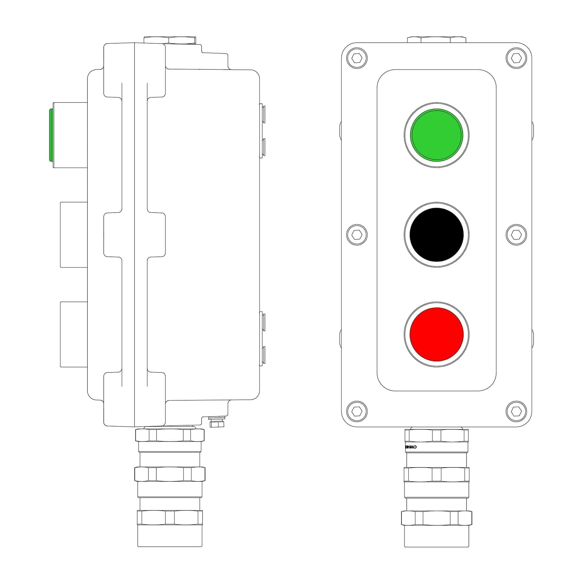 DKC Взрывонепроницаемый пост управления из алюминия LCSD-03-B-MC-L1G(220)x1-P1B(11)x1-P1R(11)x1-PCMB-KA3MHK / 1Ex d IIB T5 Gb / Ex tb IIIC T95°С Db IP