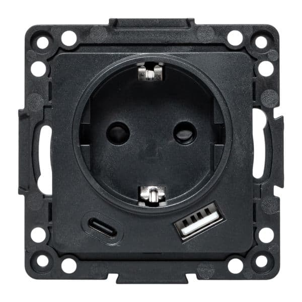 EKF Стокгольм Механизм Розетки 1-местной с/з, USB A+C 16А винтовые клеммы черный с защ. штор — миниатюра 2