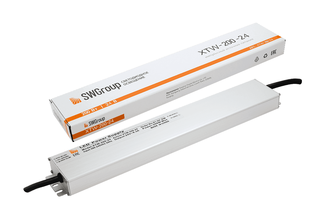 SWG Ультратонкий блок питания в металлическом корпусе, IP67, 200W, 24V XTW-200-24
