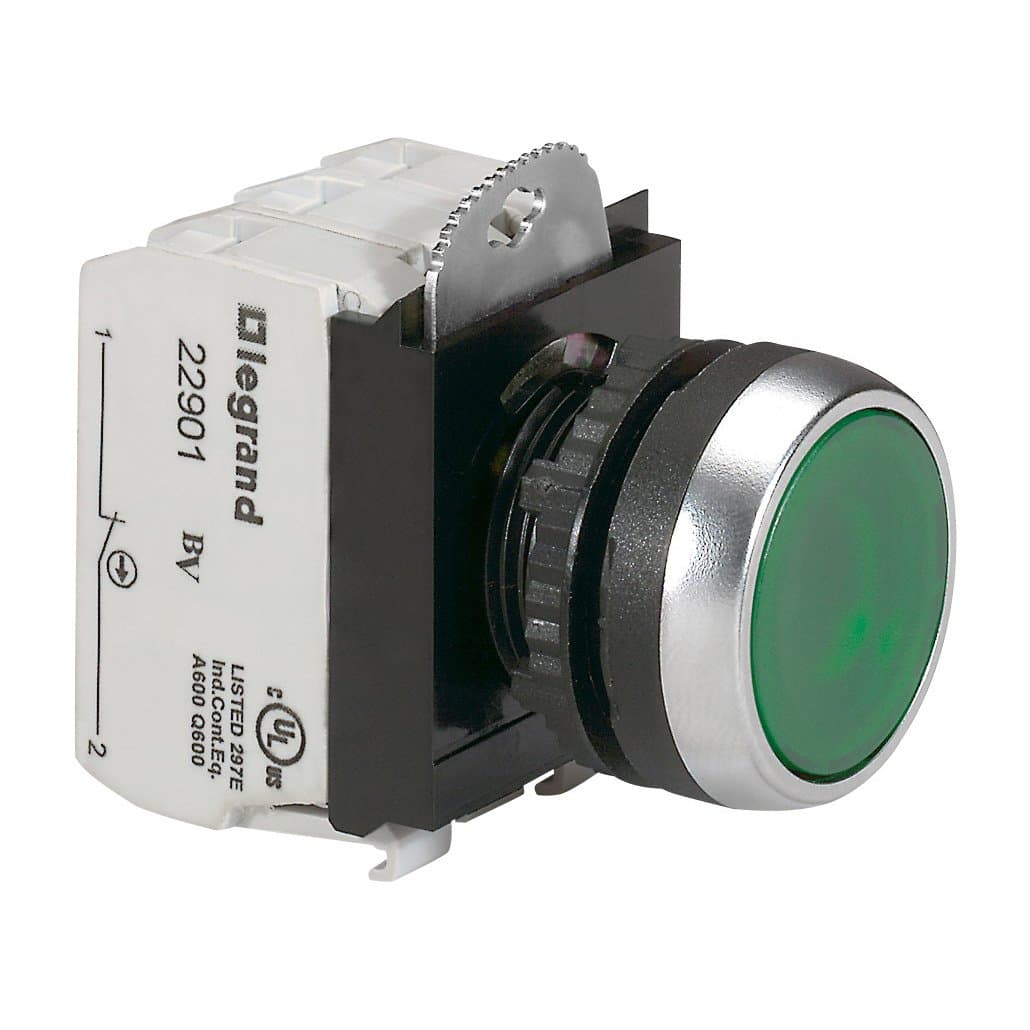 Legrand Osmoz кнопка с подсв. без фикс. 12-24В+НО+Н3 конт.бл., зел 023752