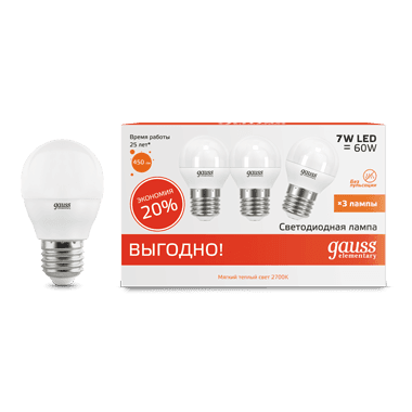 Gauss Лампа Elementary Шар 7W 450lm 3000K E27 (3 лампы в упаковке) LED 53217T — миниатюра 8