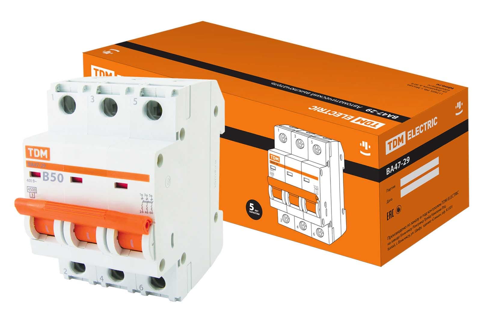 TDM Авт. выкл.ВА47-29 3Р 50А 4,5кА х-ка В SQ0206-0047 — миниатюра 1