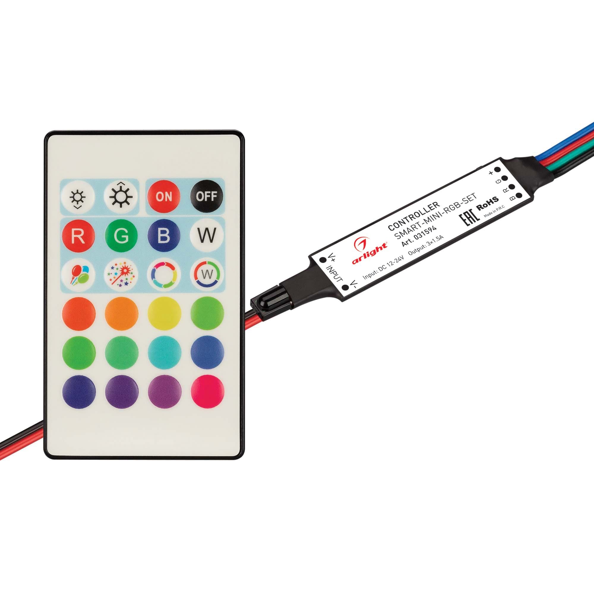 Arlight Контроллер SMART-MINI-RGB-SET (12-24V, 3x1.5A, ПДУ 24кн, IR) (IP20 Пластик, 5 лет) 031594