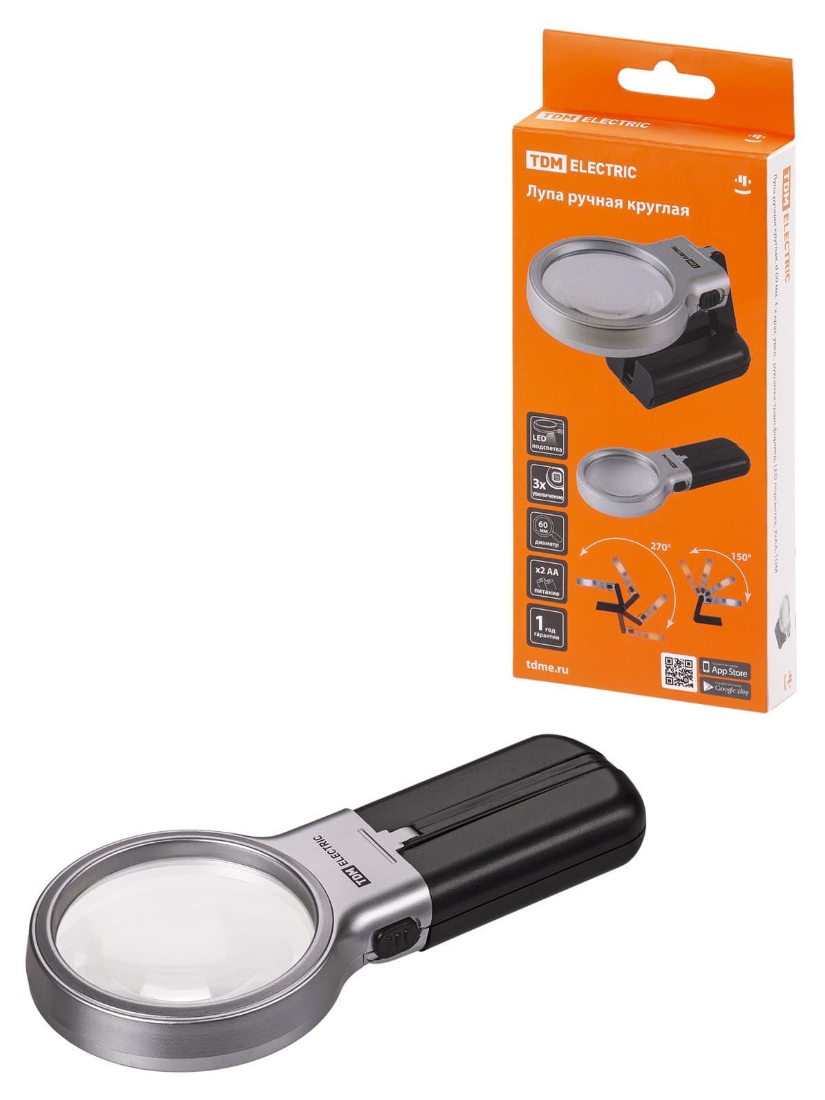 TDM Лупа ручная круглая, d 60 мм, 3-х крат. увел., рукоятка-трансформер, LED подсветка, 2хАА, SQ1025-0903