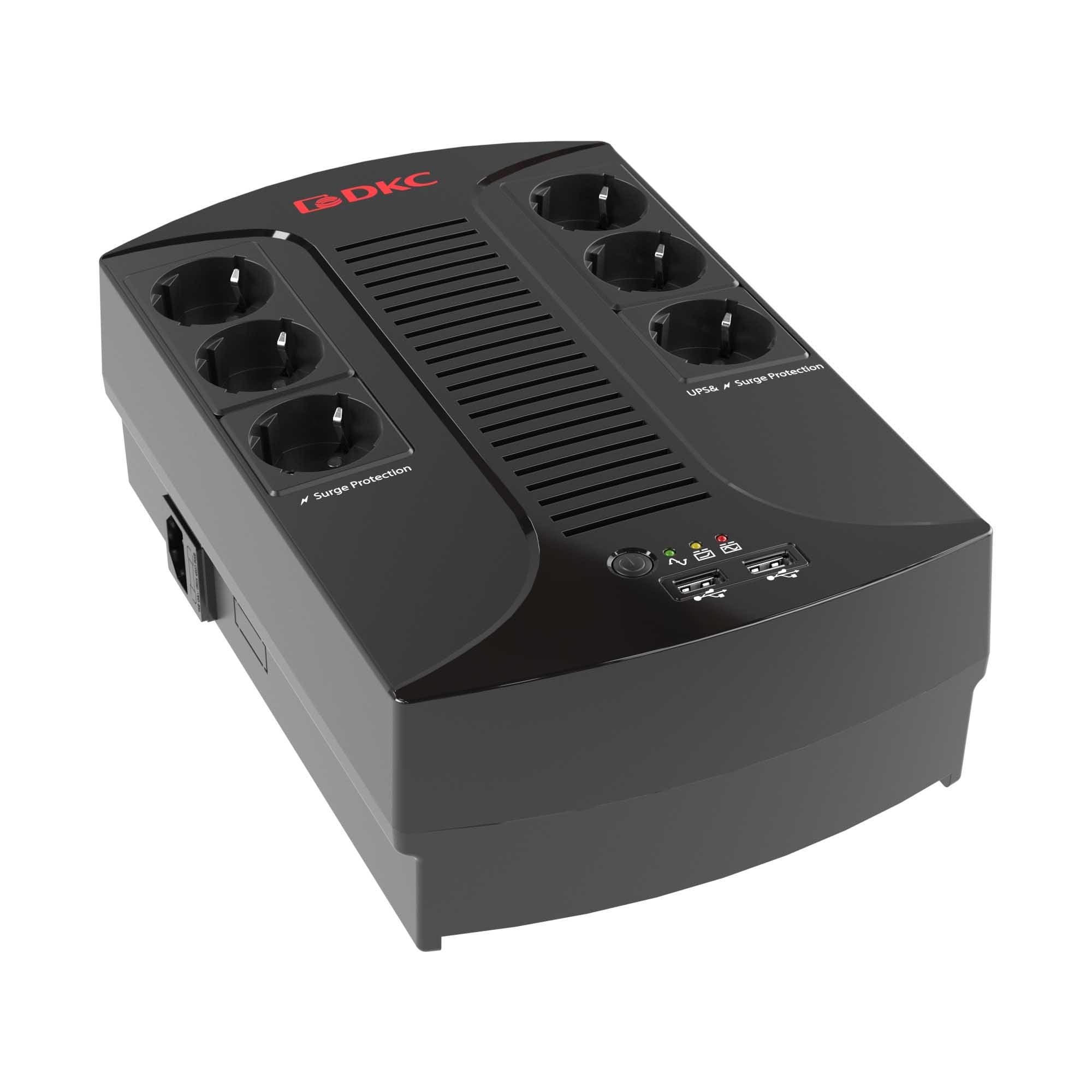 DKC Линейно-интерактивный ИБП ДКС серии Info PDU, 600 ВА/360 Вт, 1/1, 6xSchuko,  USB для зарядки (2), USB + RJ11, 1x7Aч — миниатюра 2