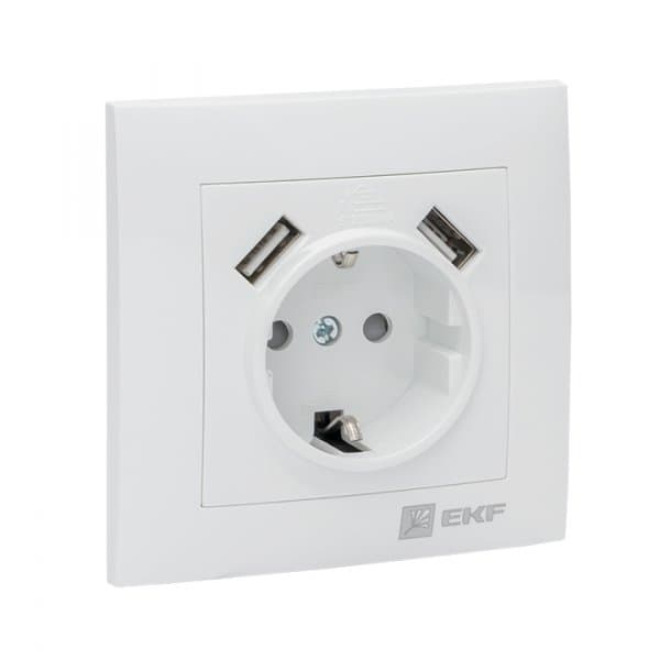 EKF PROxima Валенсия розетка 1-местная с/з 16А белая с защ. штор. с 2 USB 2,1А