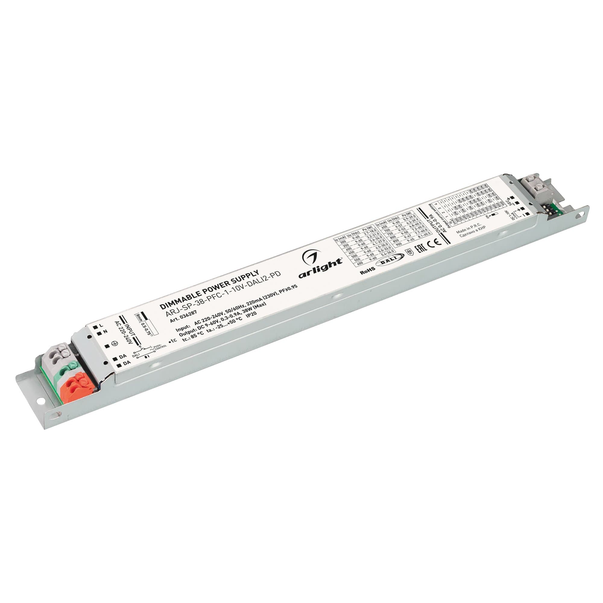 Arlight Блок питания ARJ-SP-38-PFC-1-10V-DALI2-PD (38W, 9-60V, 0.3-0.9A) (IP20 Пластик, 5 лет) 036287