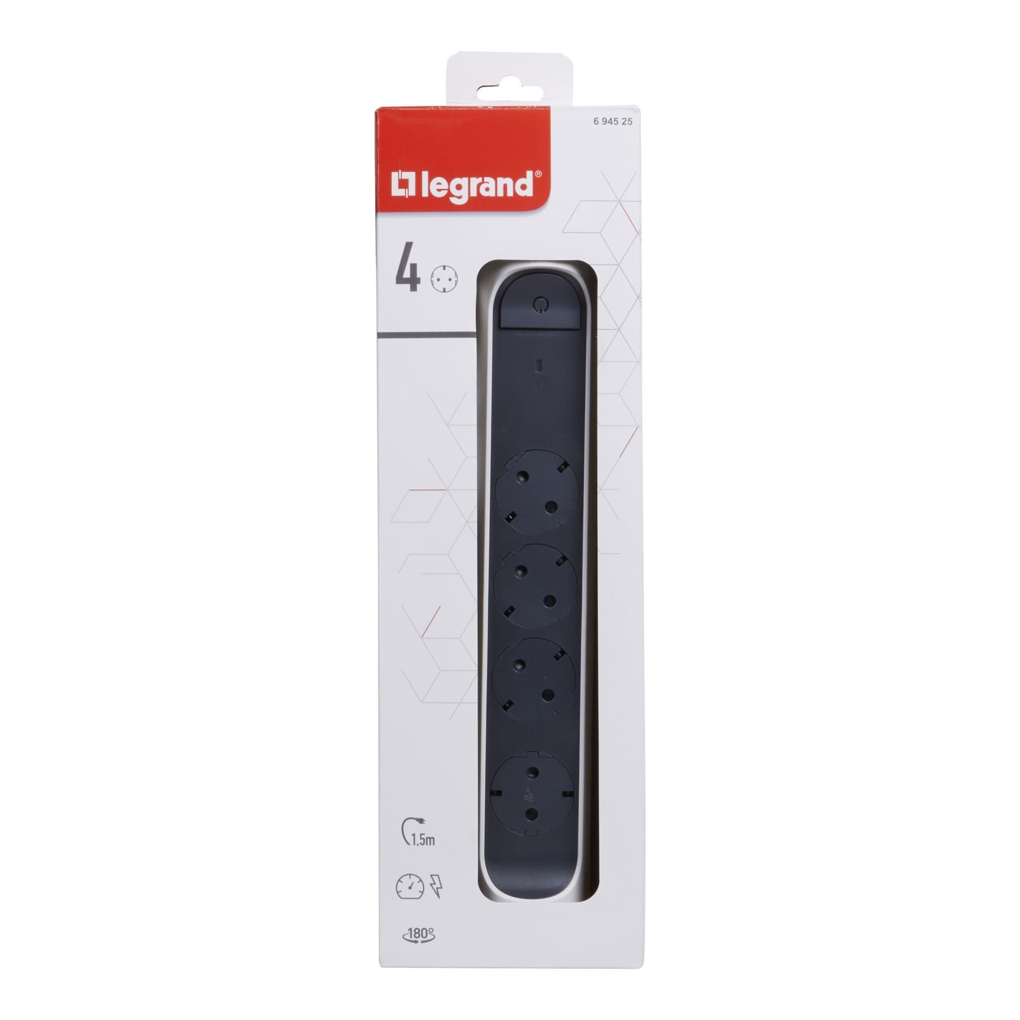 Legrand Revolution Комфорт Бело-черный Удлинитель 6x2К+З с выкл., кабель 1,5м, плоские розетки, с ИПМ и защитой от перегрузки, фиксируемый поворотный 694525 — миниатюра 3