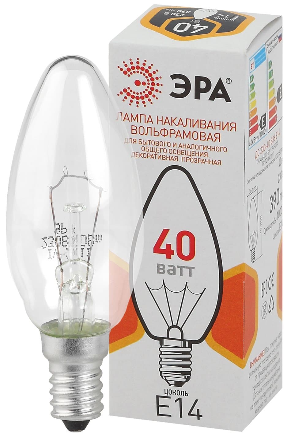 ЭРА ДС 40-230-E14-CL ДС свечка 40Вт 230В E14 цветная упаковка