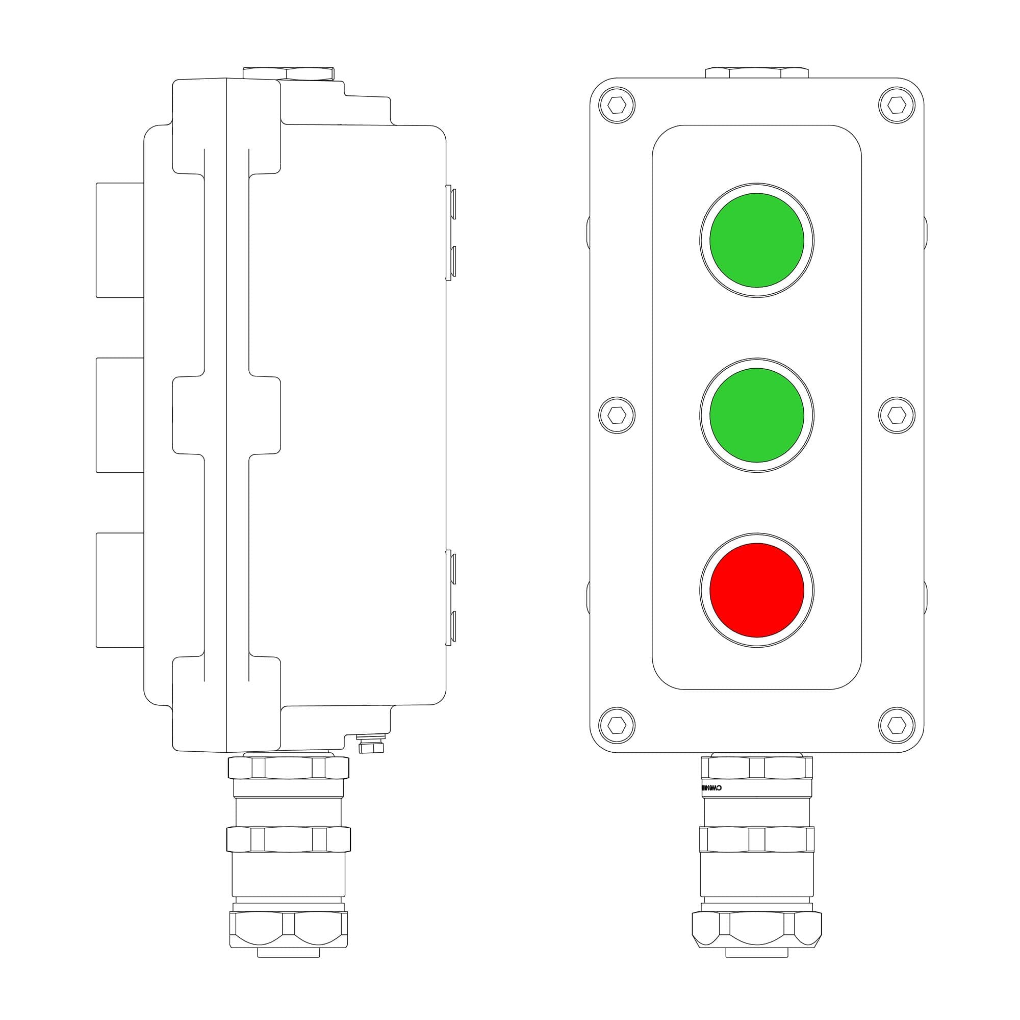 DKC Взрывонепроницаемый пост управления из алюминия LCSD-03-B-MC-P1G(11)x1-P1G(11)x1-P1R(11)x1-PCMB-KAEPM3MHK-26 / 1Ex d IIB T5 Gb / Ex tb IIIC T95°С