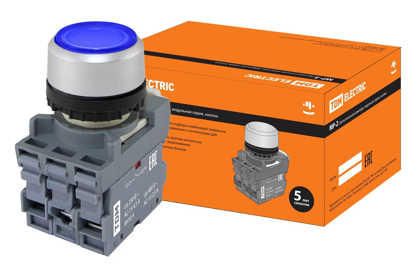 TDM Кнопка с фиксацией MP2-21L(LED) в сборе d22мм/220В 1з+1р синяя SQ0747-0024