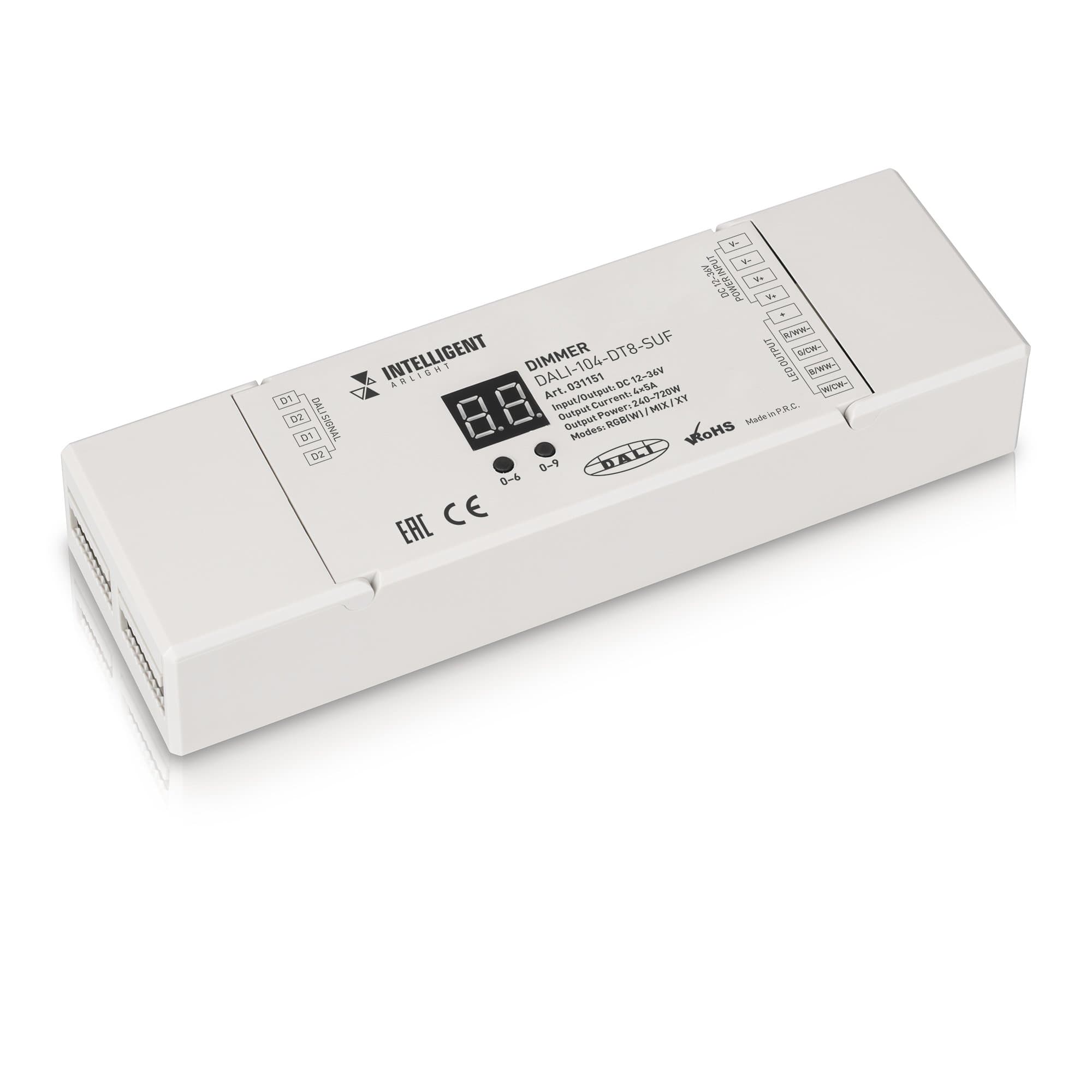 Arlight INTELLIGENT Диммер DALI-104-DT8-SUF (12-36V, RGBW/MIX/XY, 4х5А) (INTELLIGENT IP20 Пластик, 3 года) 031151