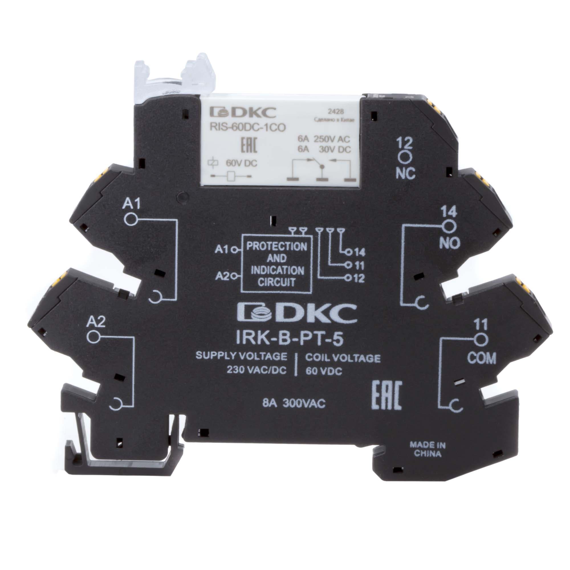 Реле интерфейсное, 1CO, ком. ток 6А, AgSnO₂, напряжение 230V AC/DC, RC- цепь, push-in клеммы. — миниатюра 1