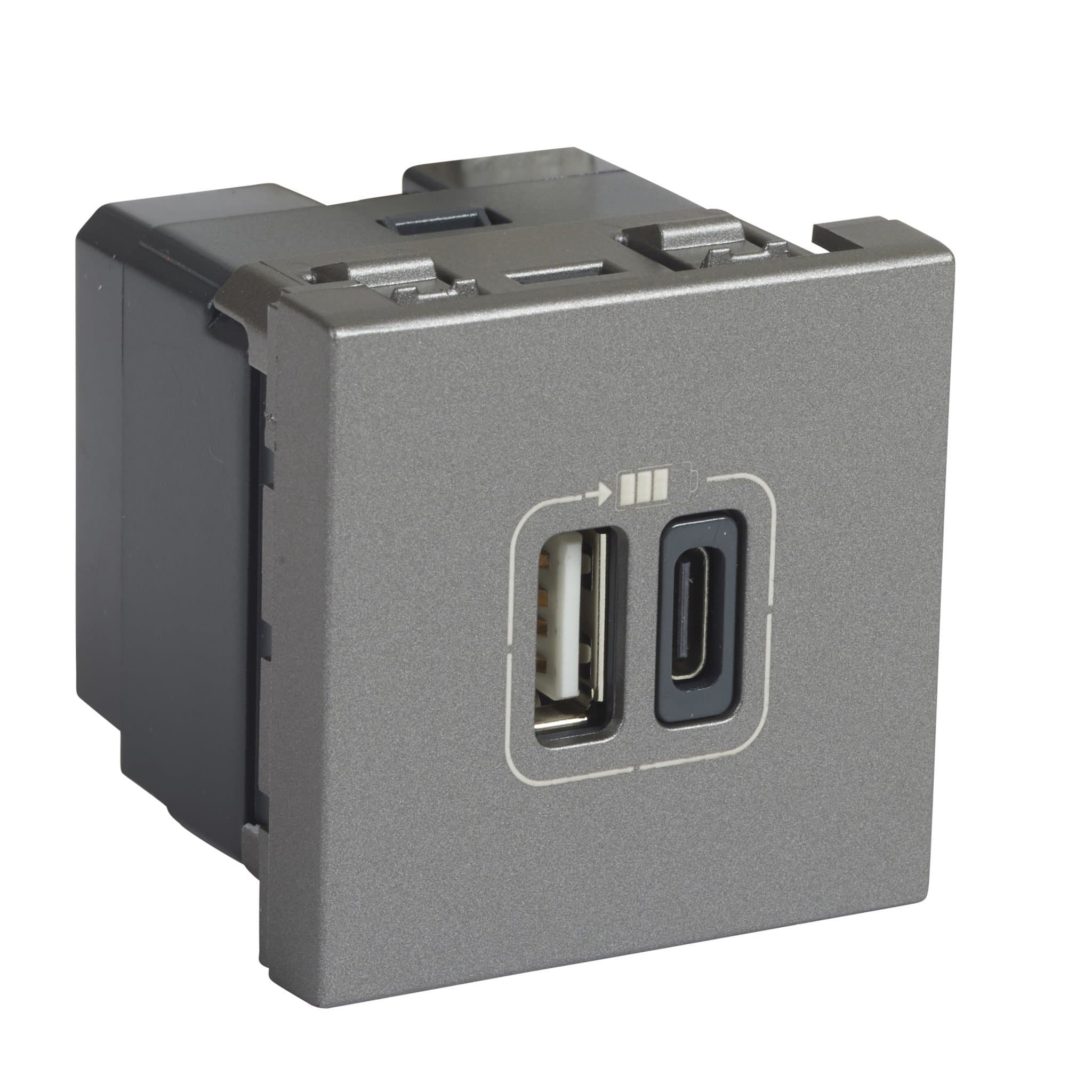 Legrand Mosaic Розетка USB-C+USB-A для зарядки Программа 2 модуля алюминий 079392