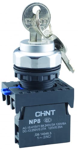 CHINT Переключатель с ключом NP8-10Y/22 , 2 положения с возвратом, 1НО IP65 (R)