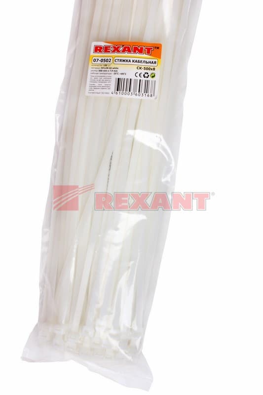 Хомут nylon 500 x 7,6 мм 100 шт белый Rexant 07-0502 — миниатюра 3