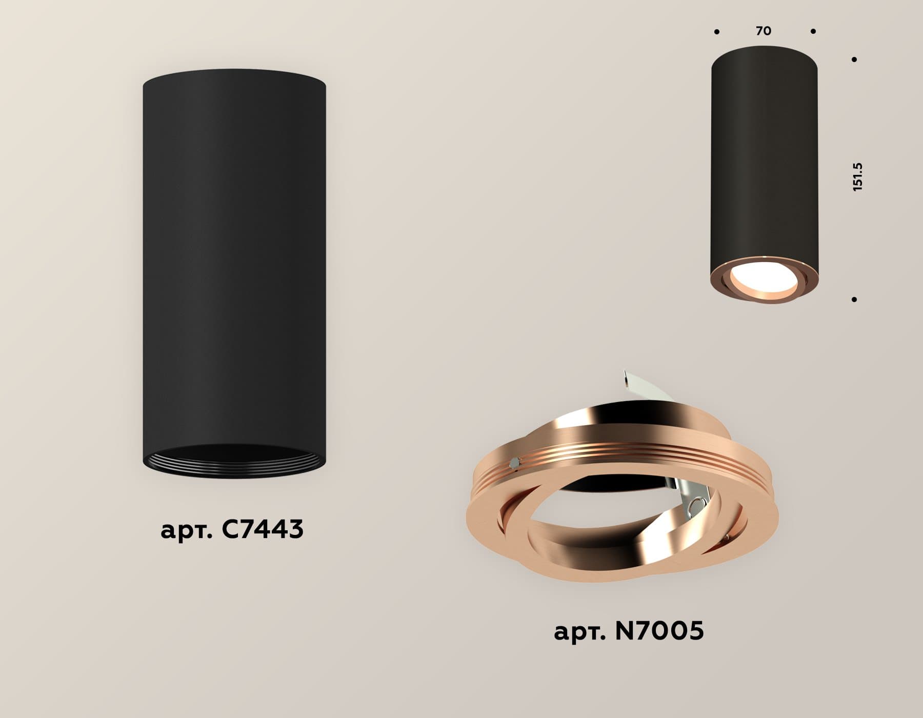 Ambrella Комплект накладного светильника XS7443005 SBK/PPG черный песок/золото розовое полированное MR16 GU5.3 (C7443, N7005) — миниатюра 2
