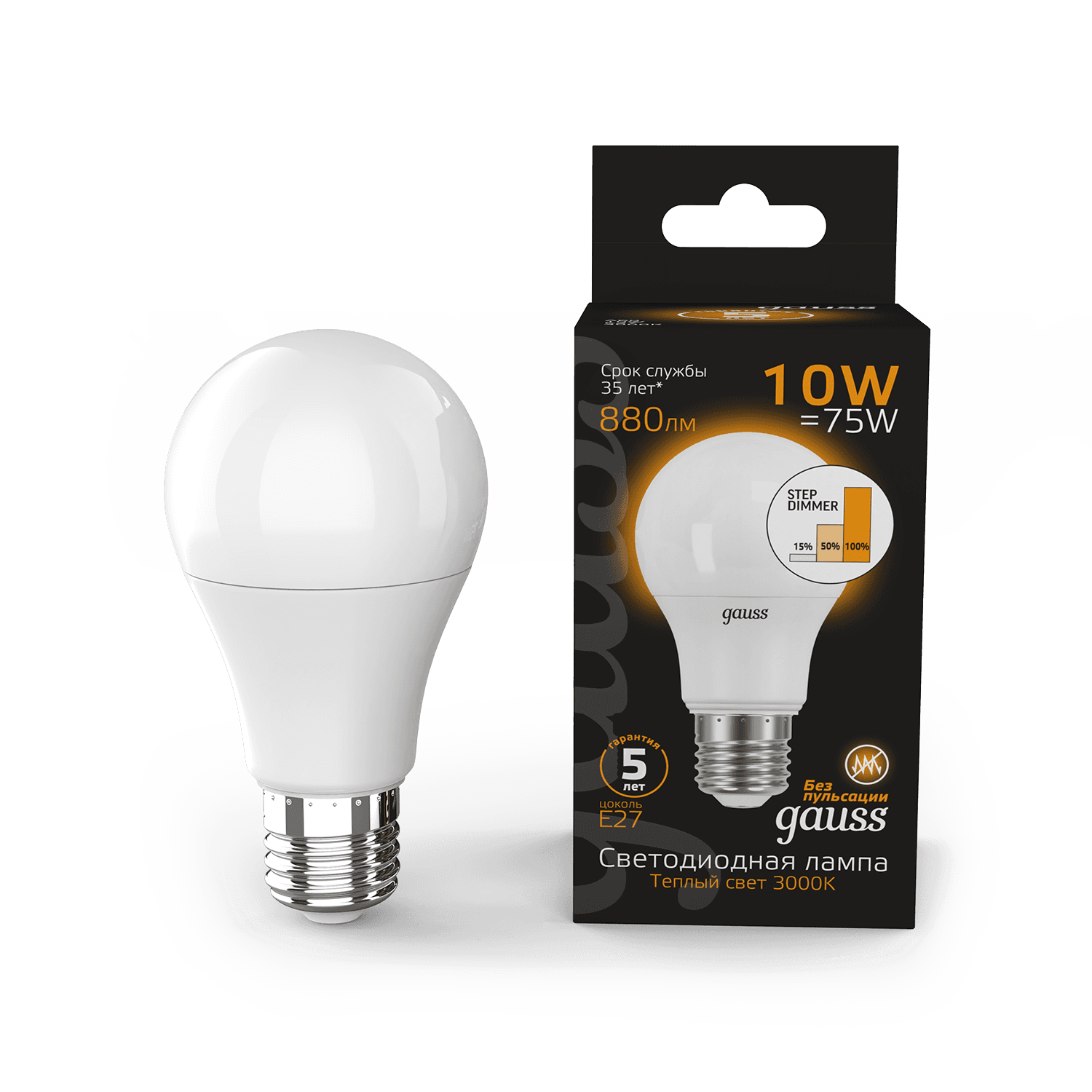 Gauss Лампа A60 10W 880lm 3000K E27 шаг. диммирование LED 102502110-S — миниатюра 5