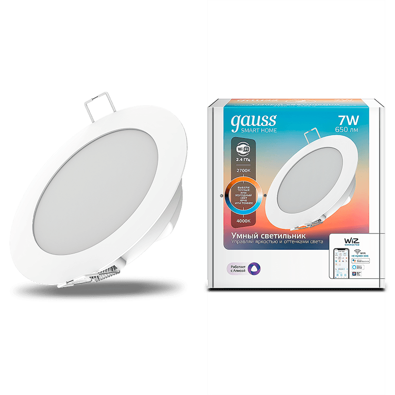 Gauss Свет-ик даунлайт Smart Home 7W 650lm 2700-4000К 220-240V IP20 105*35мм изм.цв.тем+дим LED 2030122