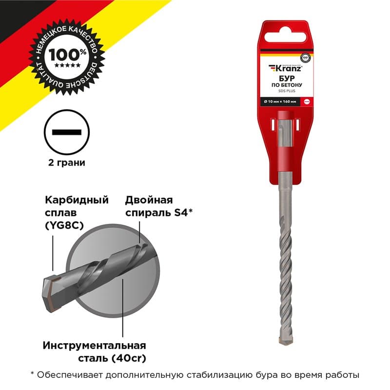 Бур по бетону 10x160x100 мм SDS PLUS Kranz KR-91-0013