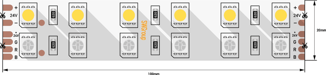 SWG Лента светодиодная стандарт 5050, 120 LED/м, 28,8 Вт/м, 24В , IP20, Цвет: RGB + теплый белый SWG5120-24-28.8-RGBWW