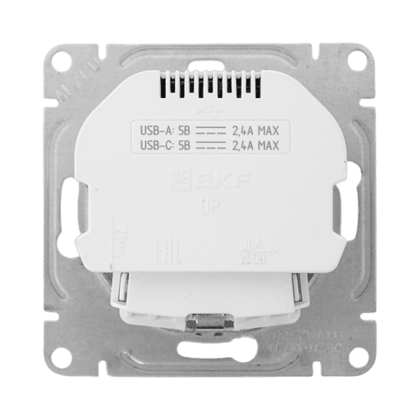 EKF Механизм розетки с USB-A+С - 2шт, 16А, с заземлением, со шторками, белый Эпика — миниатюра 16