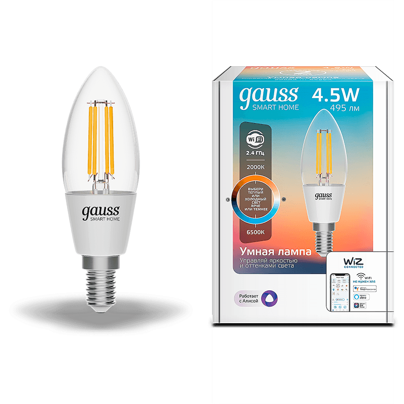 Gauss Лампа Smart Home Filament С35 4,5W 495lm 2000-6500К E14 изм.цвет.темп.+дим. LED 1250112 — миниатюра 1