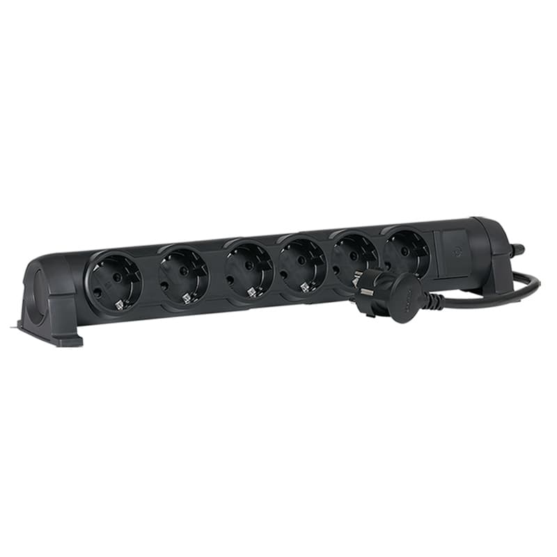 Legrand Комфорт Черный Удлинитель 6x2К+З с выкл., кабель 1,5м, фиксир. поворотный блок, возможно крепление к стене 694609