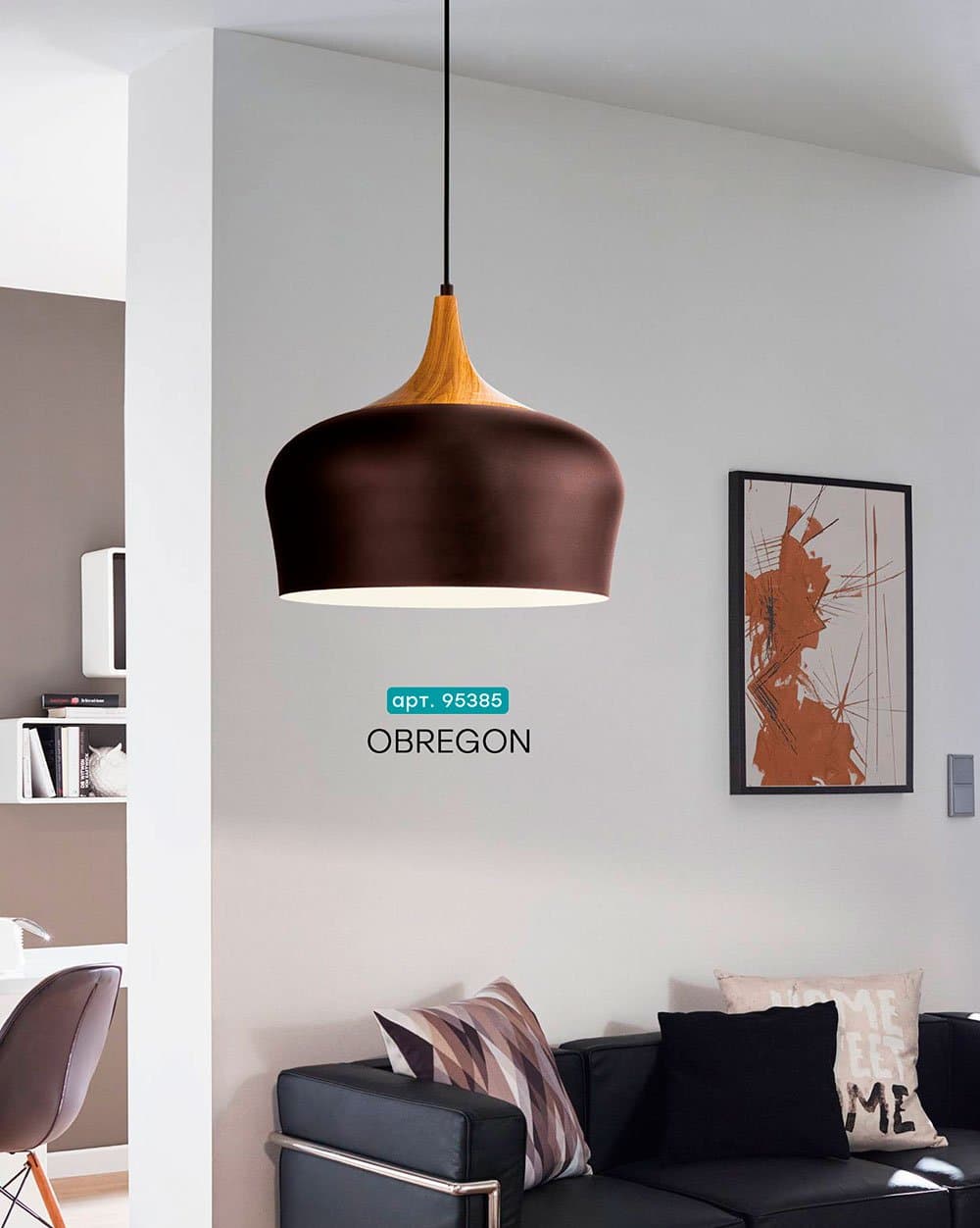 Eglo Подвес OBREGON, 1х60W(E27), Ø350, сталь, коричневый, кремовый, дуб 95385 — миниатюра 2