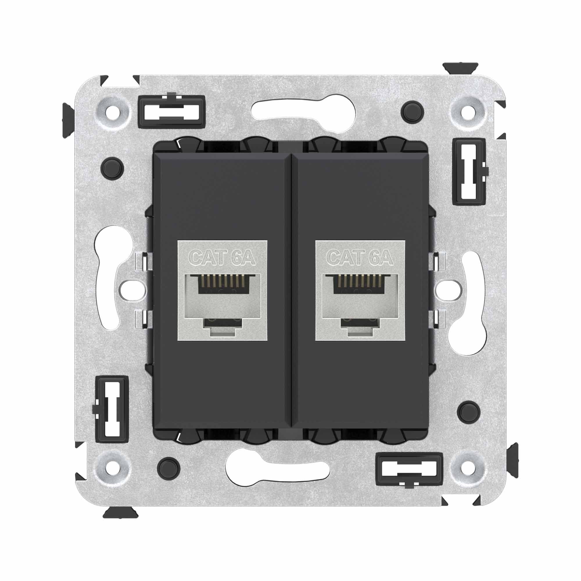 DKC Компьютерная розетка RJ-45 без шторки в стену, кат.6А двойная экранированная, "Avanti", "Черный матовый" — миниатюра 1