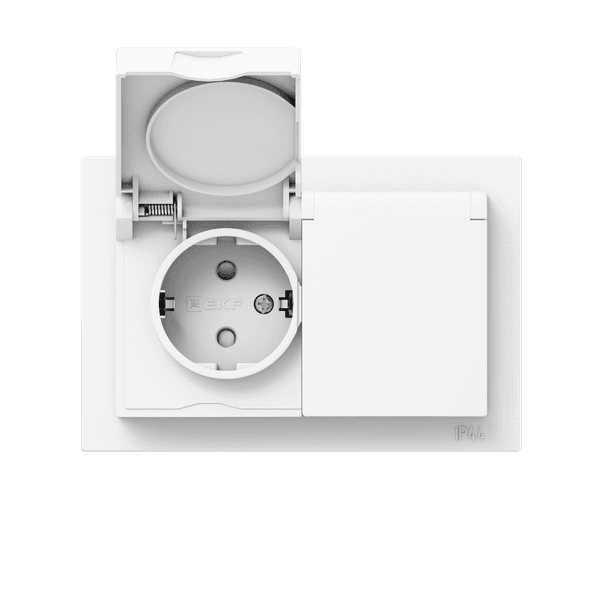 EKF Механизм розетки двойной, 16А, IP44, с заземлением, со шторками, с рамкой, с крышками, белый Эпика — миниатюра 6