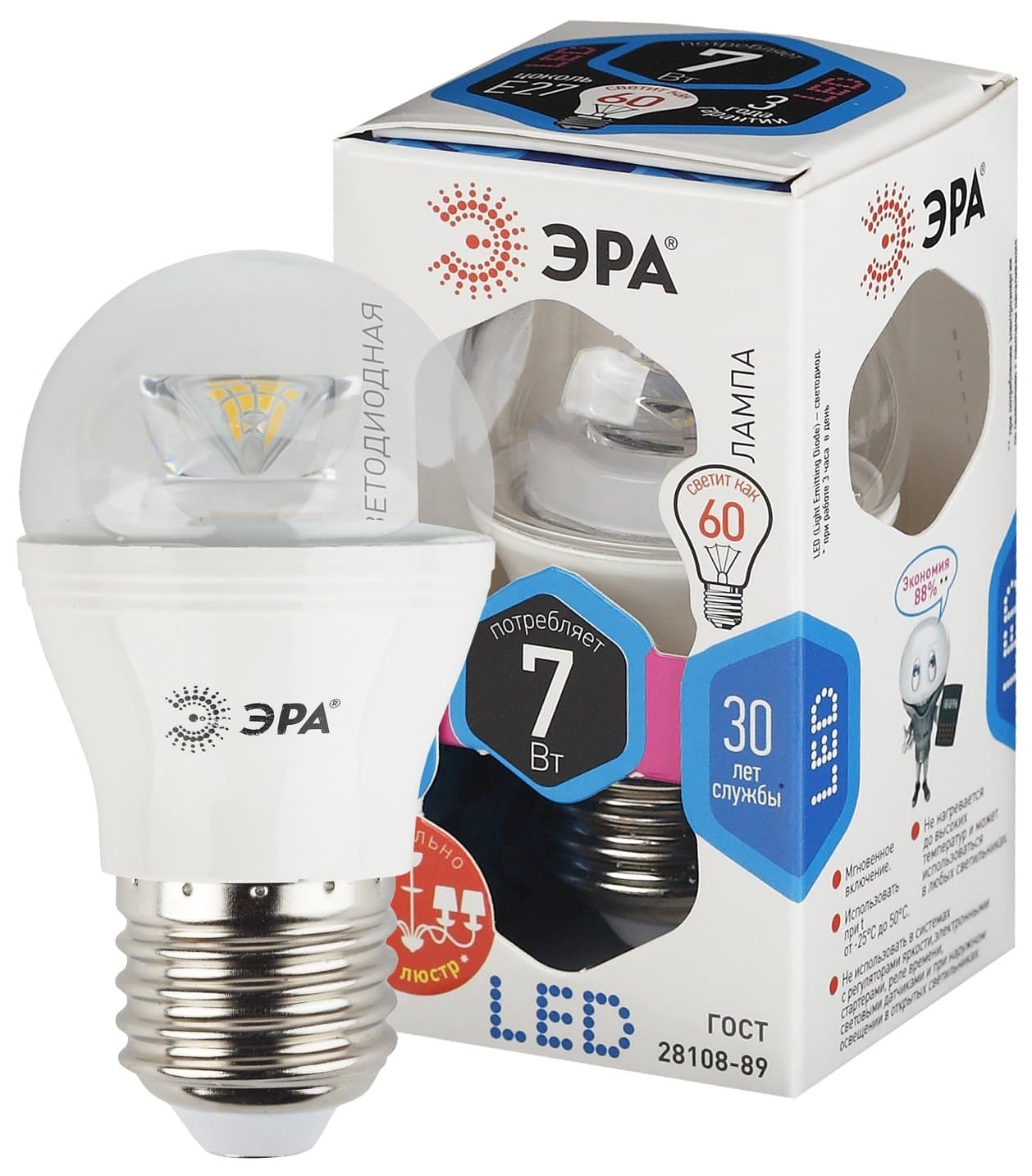 ЭРА LED P45-7W-840-E27-Clear Лампа (диод,шар,7Вт,нейтр,E27) Б0020553 — миниатюра 1
