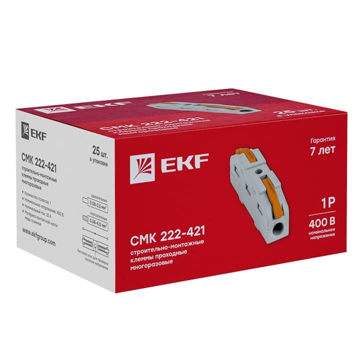 EKF PROxima Строительно-монтажная клемма СМК 222-421 проходная 1 полюс 0,08-4мм2 (25шт.) — миниатюра 3