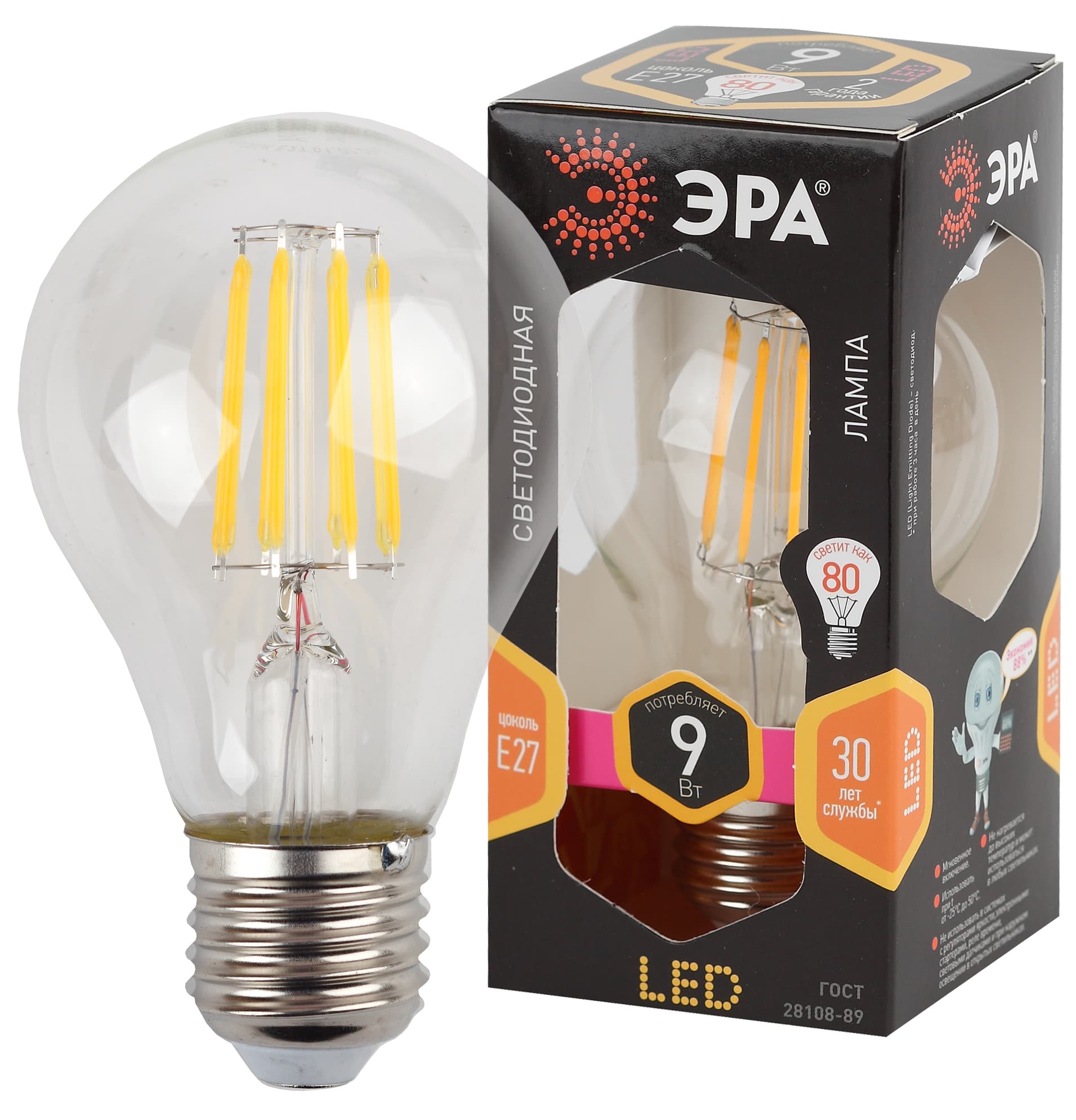 ЭРА F-LED A60-9W-827-E27 Лампа (филамент, груша, 9Вт, тепл, Е27)
