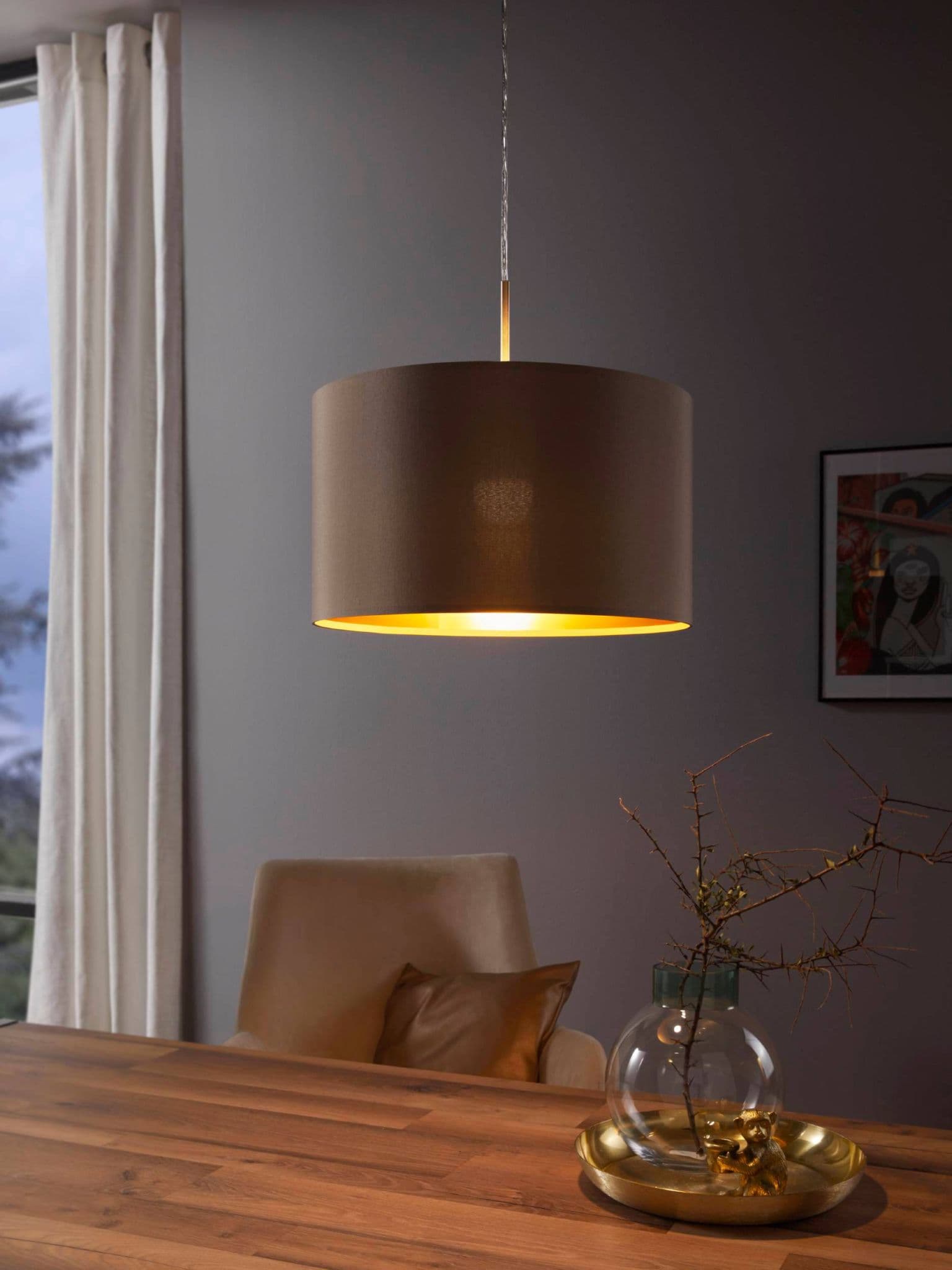 Eglo 31602 Подвес MASERLO, 1х60W (E27), Ø380, никель матовый/текстиль, серо-коричневый, золотой — миниатюра 2