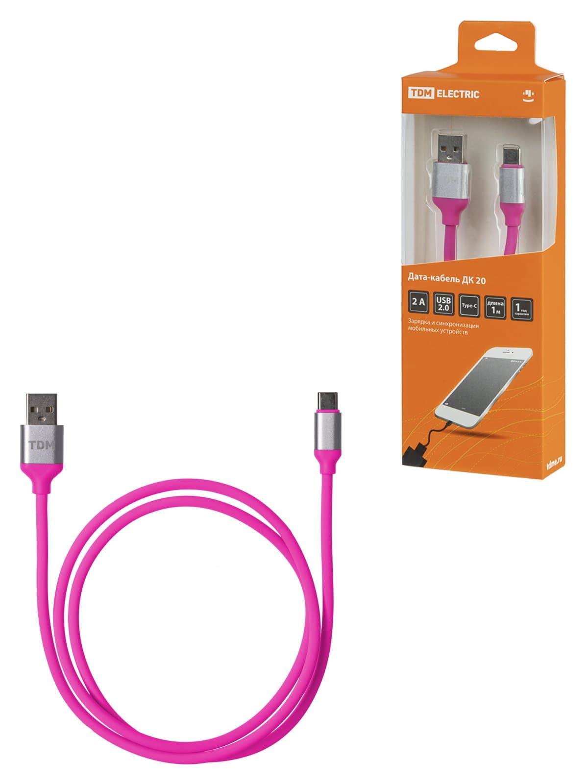 TDM Дата-кабель, ДК 20, USB - USB Type-C, 1 м, силиконовая оплетка, розовый, SQ1810-0320