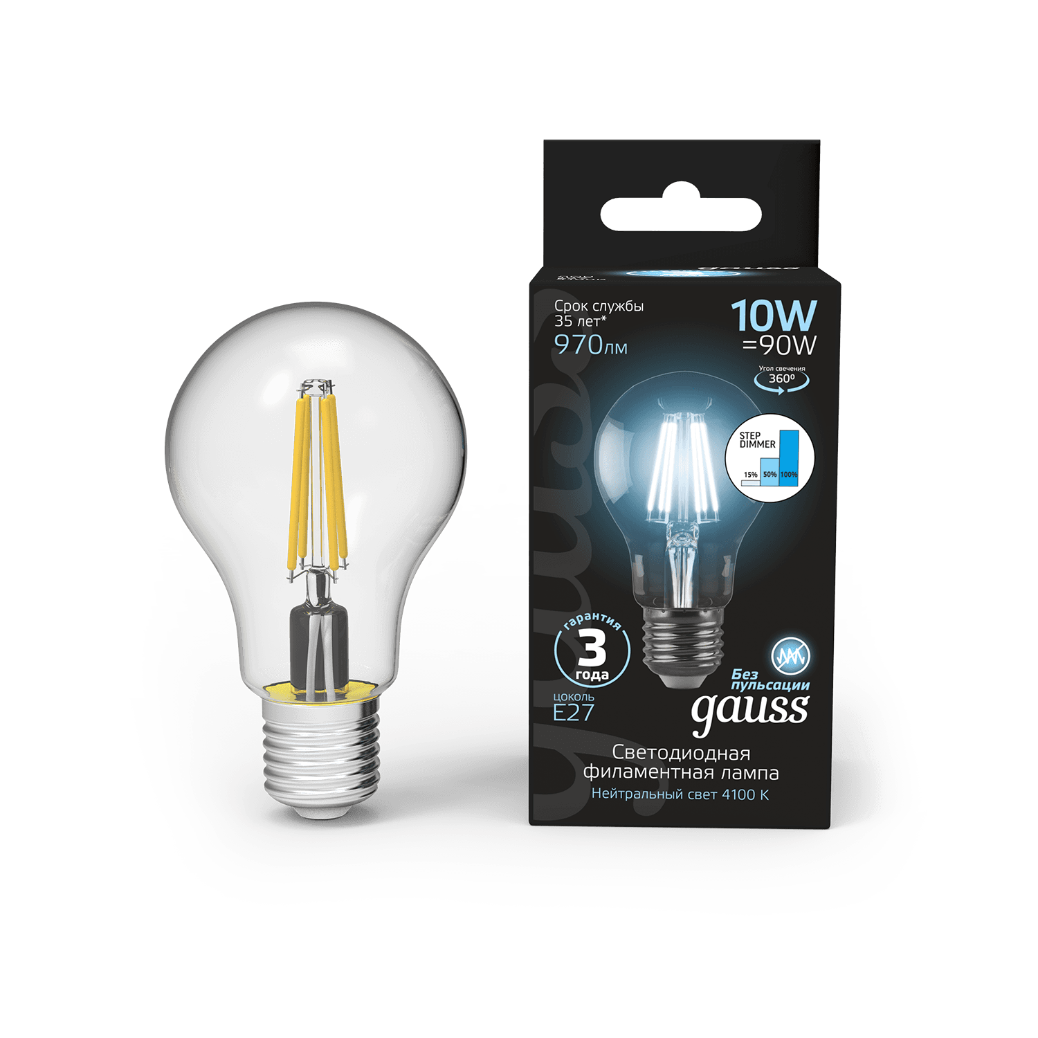 Gauss Лампа Filament А60 10W 970lm 4100К Е27 шаг. диммирование LED 102802210-S — миниатюра 6