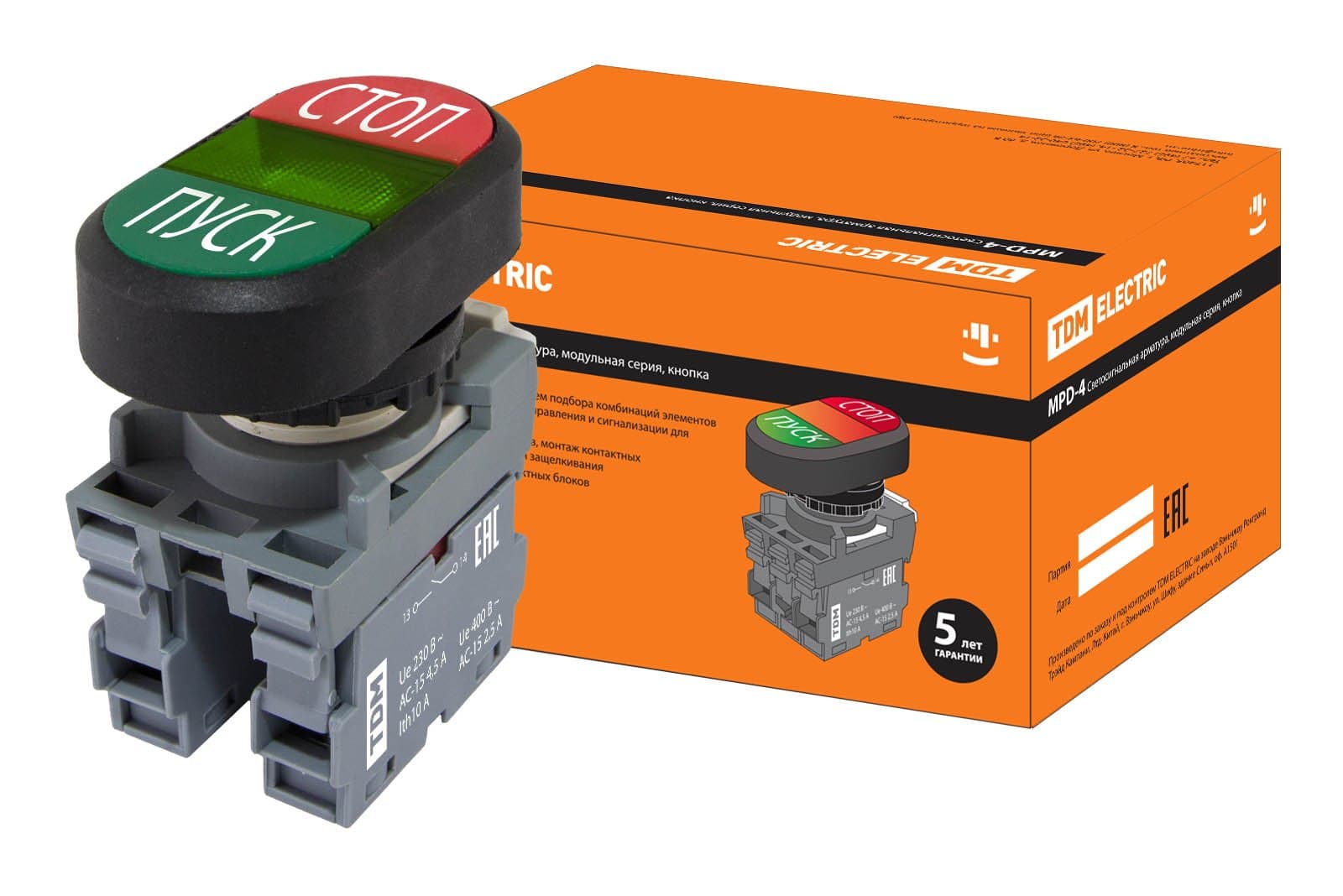 TDM Кнопка двойная MPD4-11G (зеленая/красная) (LED) в сборе d22мм/220В (ПУСК/СТОП) линза зеленая SQ0747-0055