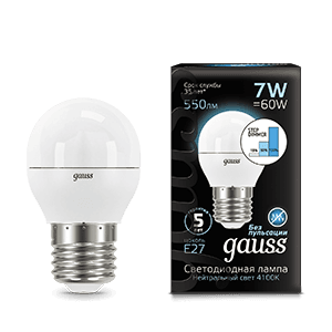 Gauss Лампа Шар 7W 550lm 4100K Е27 шаг. диммирование LED 105102207-S