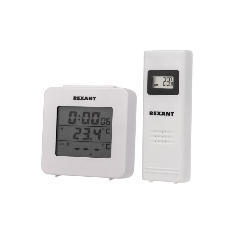 Электронный термометр с часами и беспроводным выносным датчиком Rexant 70-0592
