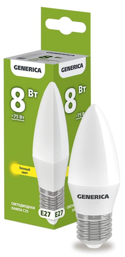 IEK GENERICA Лампа LED C35 свеча 8Вт 230В 3000К E27 LL-C35-08-230-30-E27-G