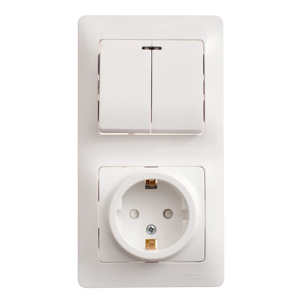 Systeme Electric Glossa Бел Блок: розетка с/з со шторками и 2-кл. выключатель с подсветкой