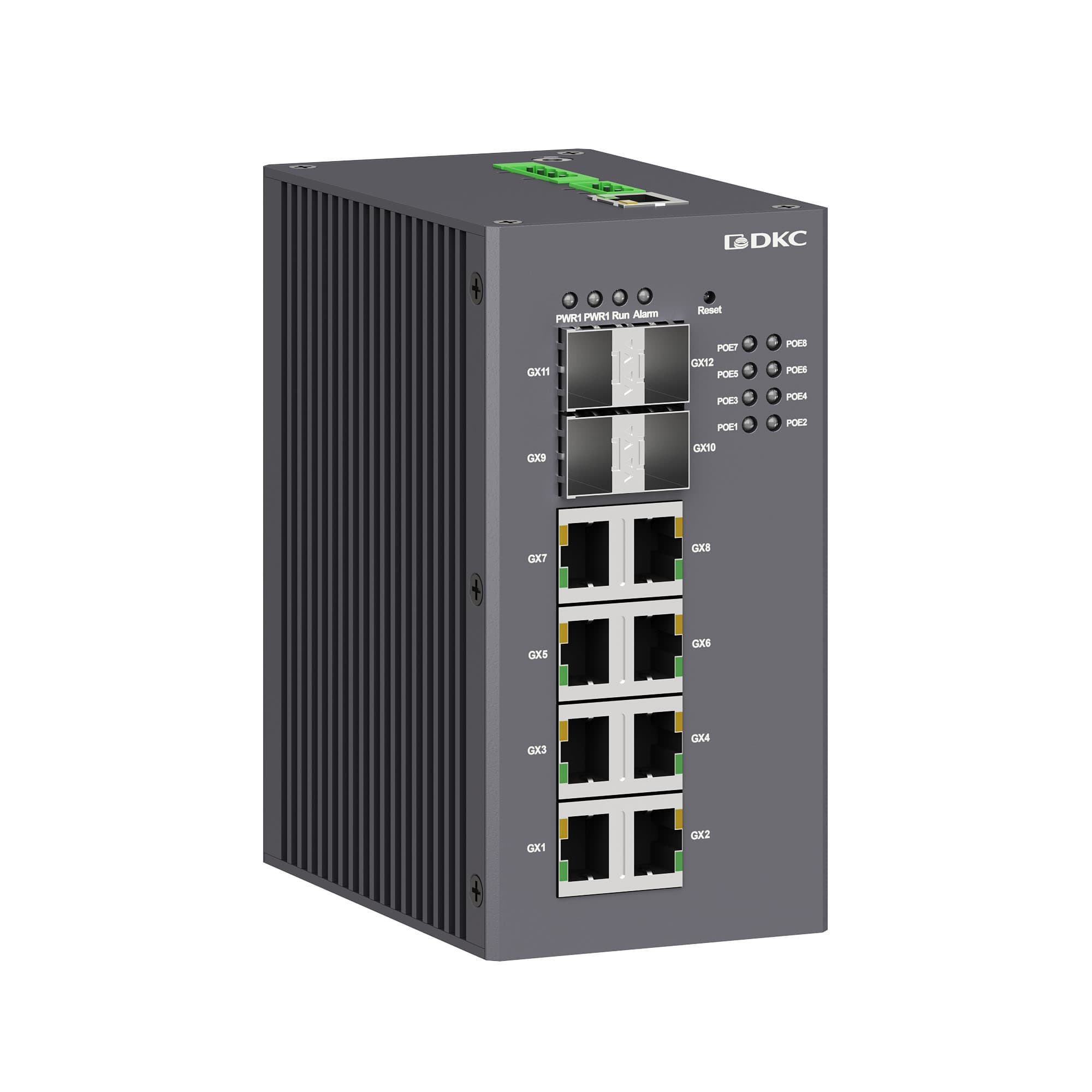 DKC Промышленный управляемый коммутатор, с поддержкой PoE, 4×100Base-X, 1000Base-X, 10/100/1000Base-T(X) SFP слота: 8×10/100/1000Base-T(X) RJ45 PoE по