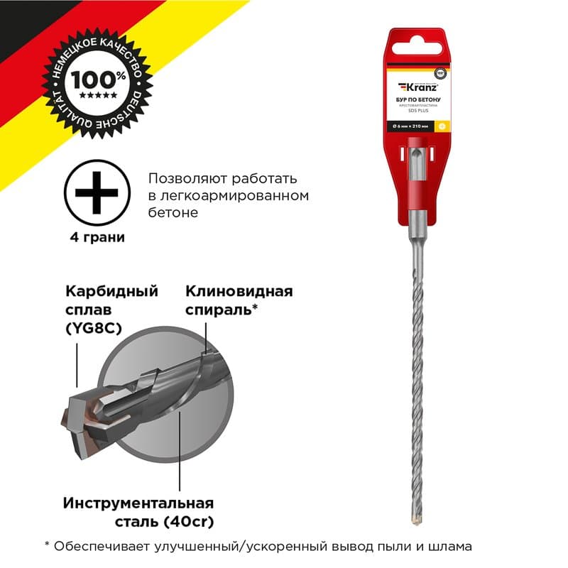 Бур по бетону 6x210x150 мм крестовая пластина SDS PLUS Kranz KR-91-0803
