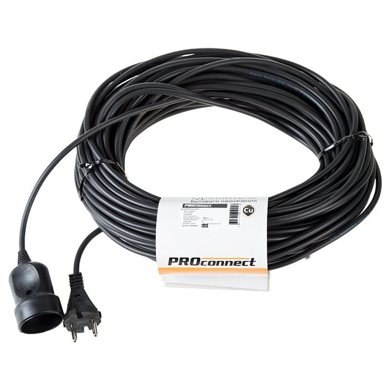 PROconnect Удлинитель-шнур ПВС 2х0.75, 30 м, б/з, 6 А, 1300 Вт, IP20, черный (Сделано в России) 11-7116
